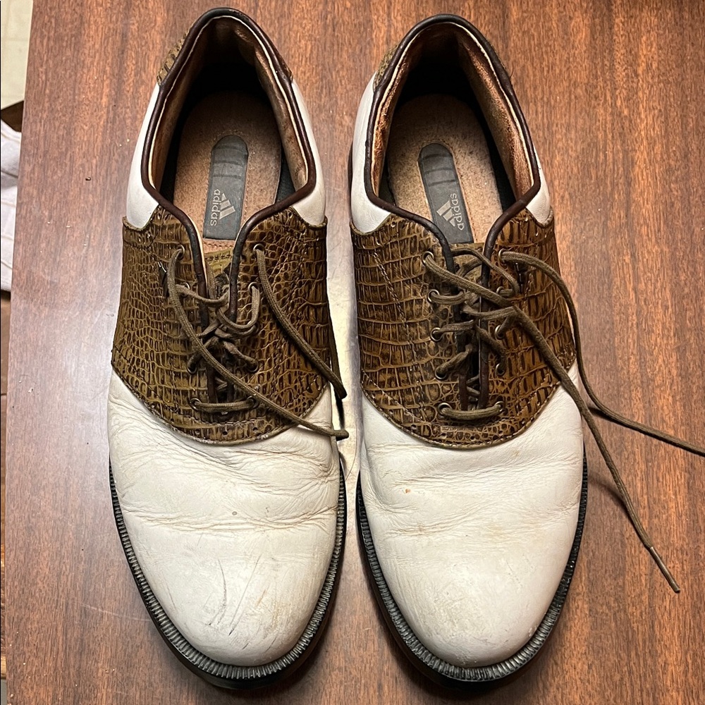 Adidas Men's Croc-Embossed Brown and White Oxford Golf Shoes